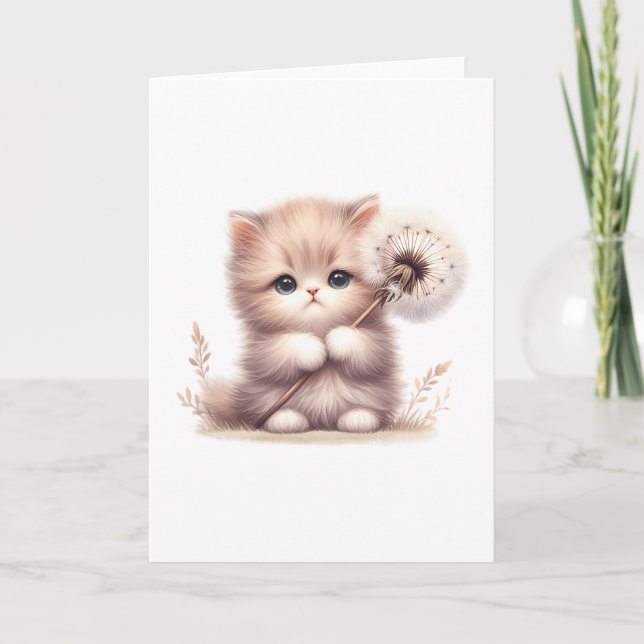 Carte Fluffy Kitten avec Dandelion - Joli salut blanc (Devant)