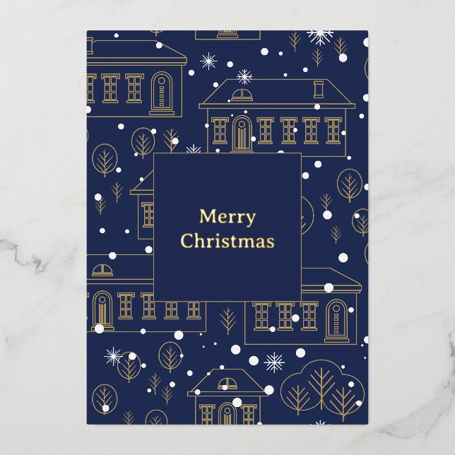 Carte Foil Village de Noël bleu et or (Recto)