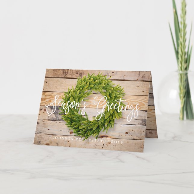 Carte Foliage Wreath Grange Bonnes Fêtes en bois (Devant)
