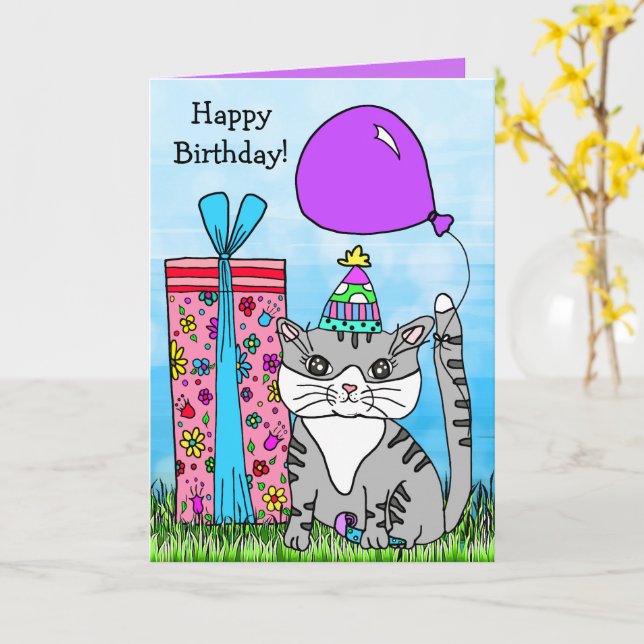 Carte Folk Art Kitty Chat Joyeux anniversaire (Fleur jaune)