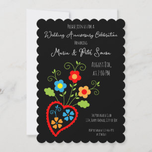 Carte Folk portugais anniversaire de mariage fleuri