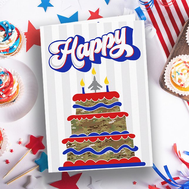 Carte Force aérienne patriotique Personnalisé Militaire  (US Air Force personalized name Happy Birthday card, camouflage birthday cake, airplane, festive)