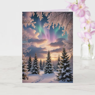 Carte Forêt hivernale neige, cristaux de glace, aurores 