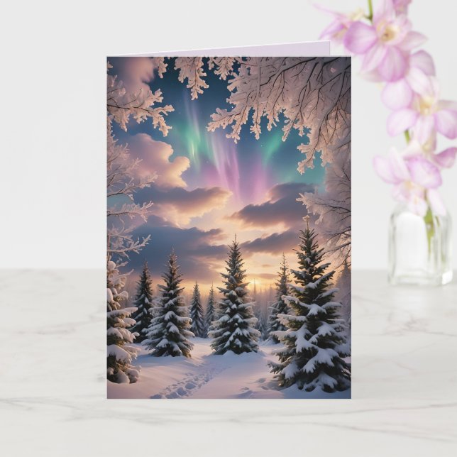 Carte Forêt hivernale neige, cristaux de glace, aurores  (Orchidée)