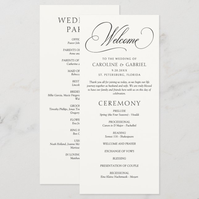 Carte Formal Script Calligraphy Wedding Program (Devant / Derrière)