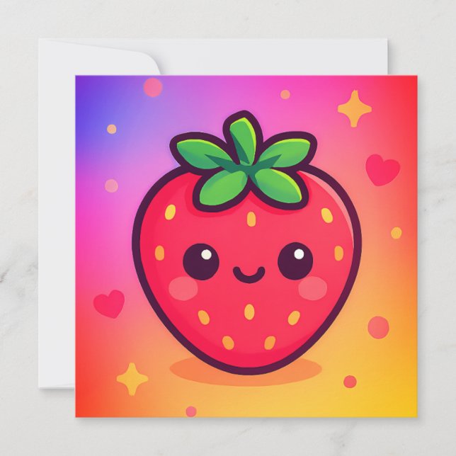 Carte Fraise Kawaii souriante sur Pastel Gradient Backg (Devant)
