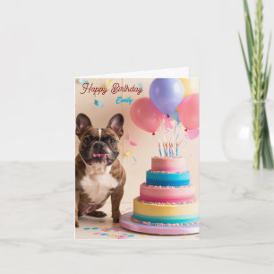 Carte French Bulldog avec gâteau d'anniversaire