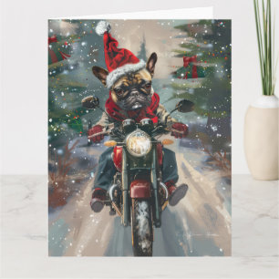 Carte French Bulldog Riding Moto Noël
