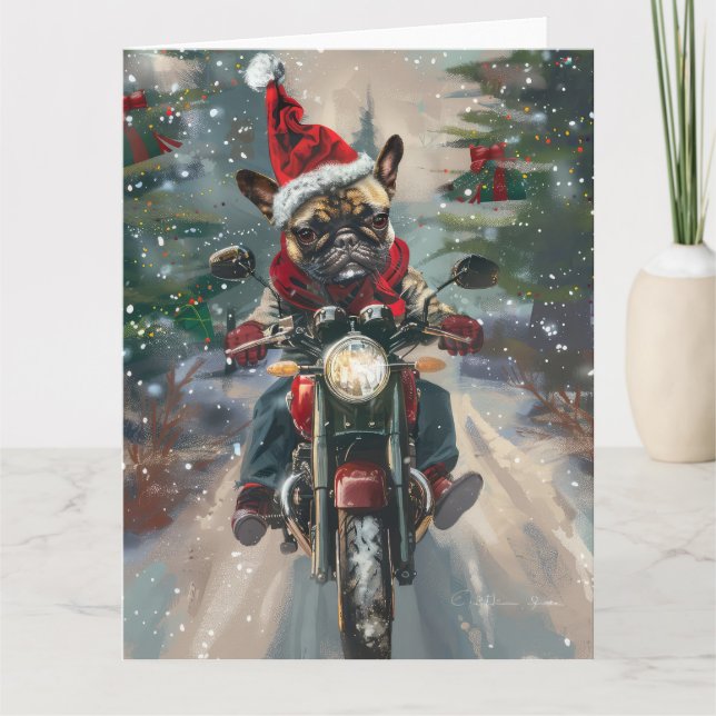 Carte French Bulldog Riding Moto Noël (Devant)