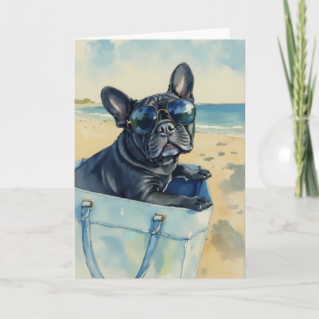 Carte Frenchie au Beach Watercolor (Devant)
