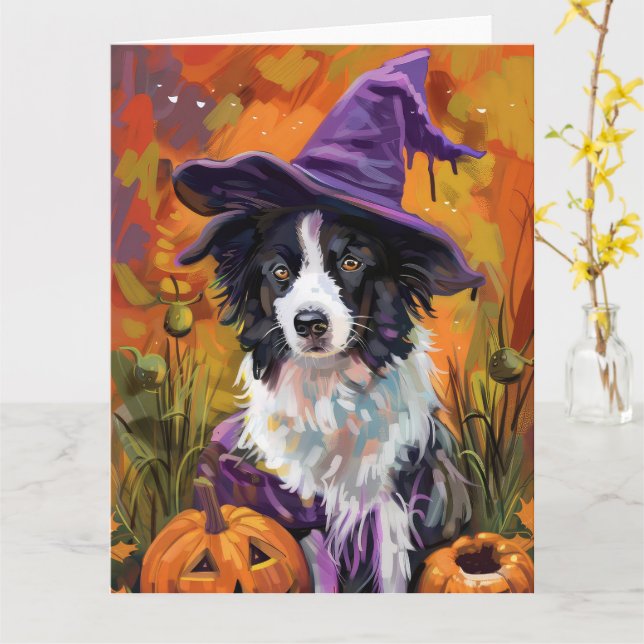 Carte Frontière éffrayante Collie Halloween Sorcière Et  (Fleur jaune)