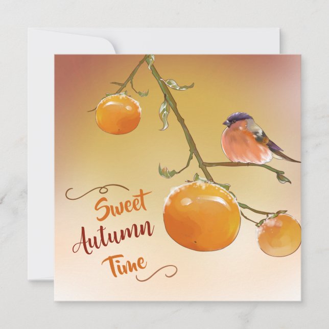 Carte Fruits de kaki orange mignon automne doux & oiseau (Devant)