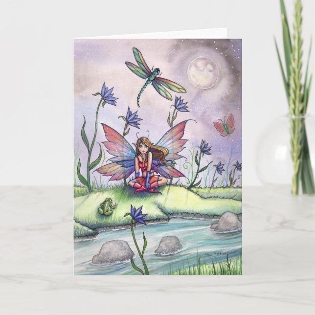Carte Fun Fairy Dragonfly and Frog by Stream Card (Devant)