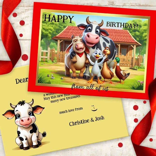 Carte Fun Farm Animaux mignons Anniversaire (Birthday card featuring a colorful cute image of a gathering of farm animals)