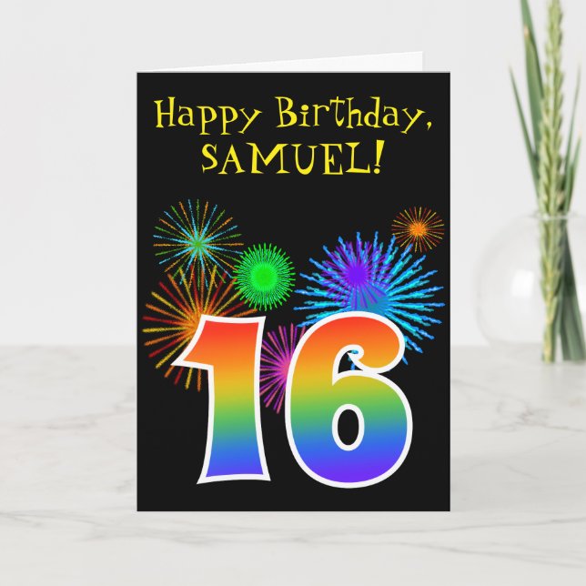 Carte Fun Fireworks + Rainbow Motif "16" Anniversaire # (Devant)