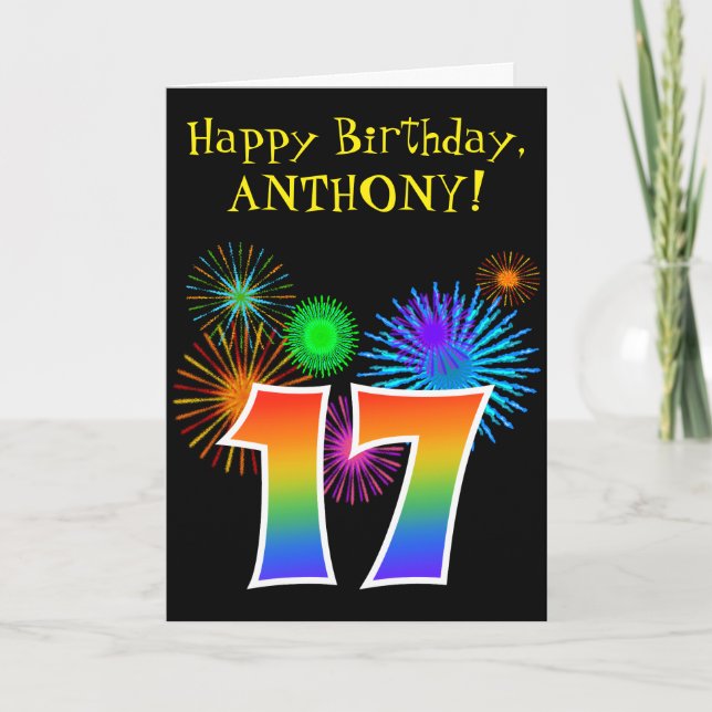 Carte Fun Fireworks + Rainbow Motif "17" Anniversaire # (Devant)