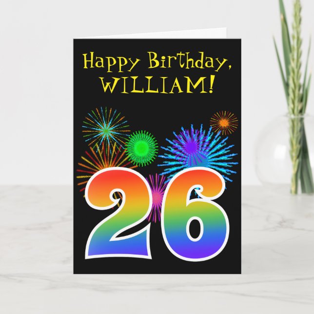 Carte Fun Fireworks + Rainbow Motif "26" Anniversaire # (Devant)