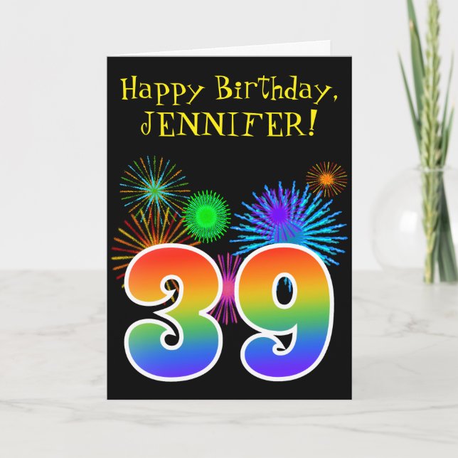 Carte Fun Fireworks + Rainbow Motif "39" Anniversaire # (Devant)