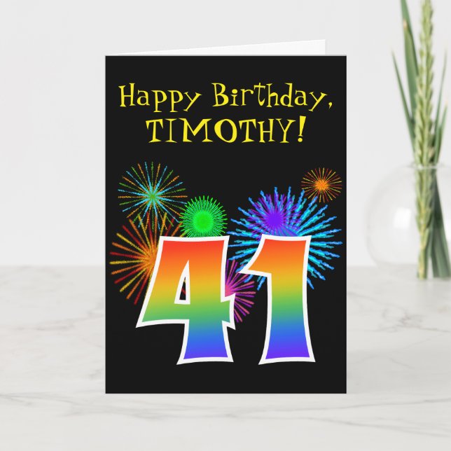Carte Fun Fireworks + Rainbow Motif "41" Anniversaire # (Devant)