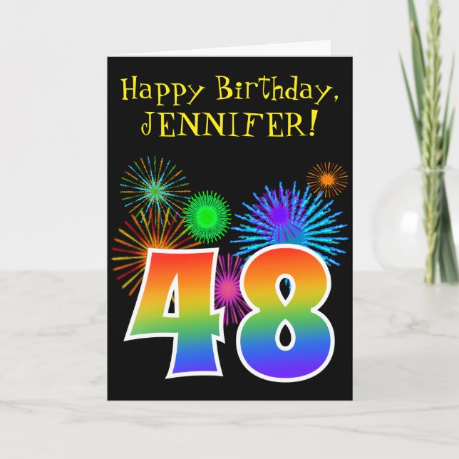 Carte Fun Fireworks + Rainbow Motif "48" Anniversaire # (Devant)