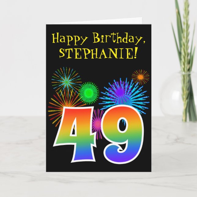 Carte Fun Fireworks + Rainbow Motif "49" Anniversaire # (Devant)