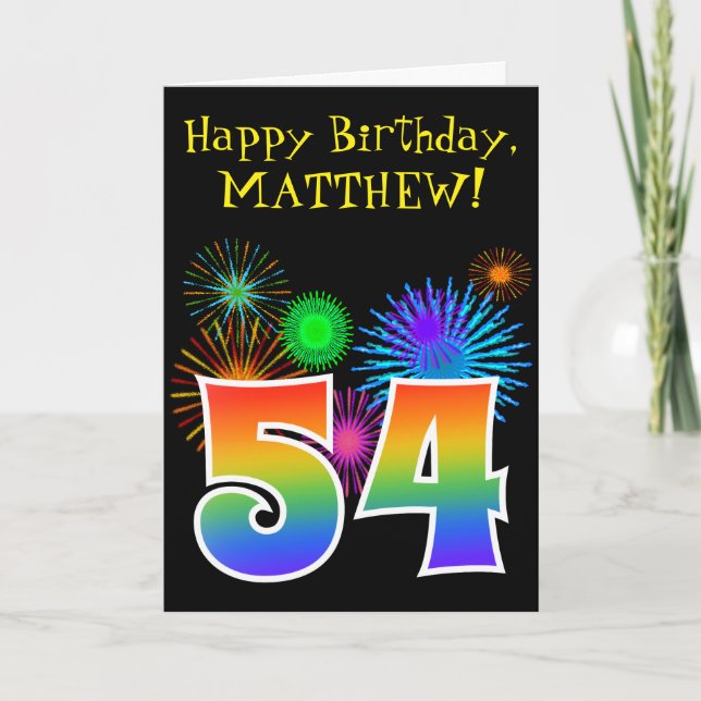 Carte Fun Fireworks + Rainbow Motif "54" Anniversaire # (Devant)