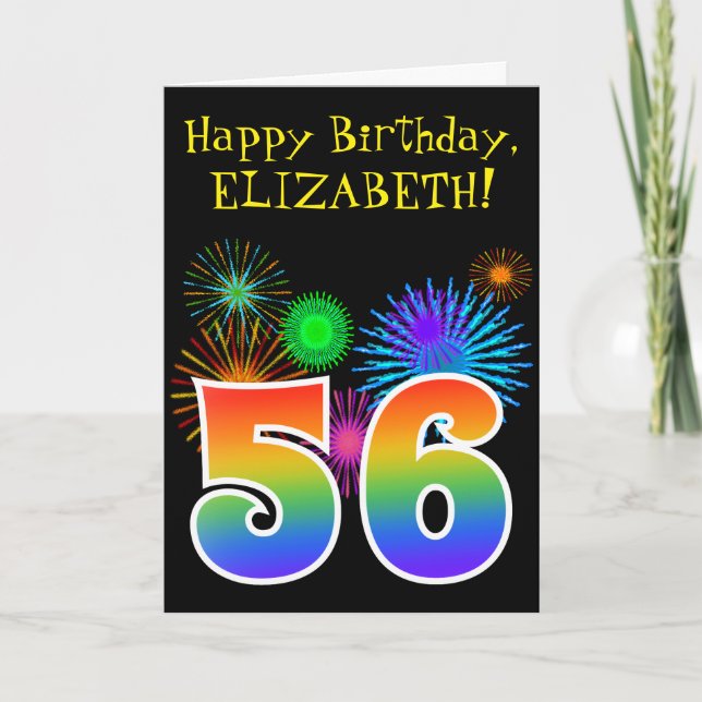 Carte Fun Fireworks + Rainbow Motif "56" Anniversaire # (Devant)