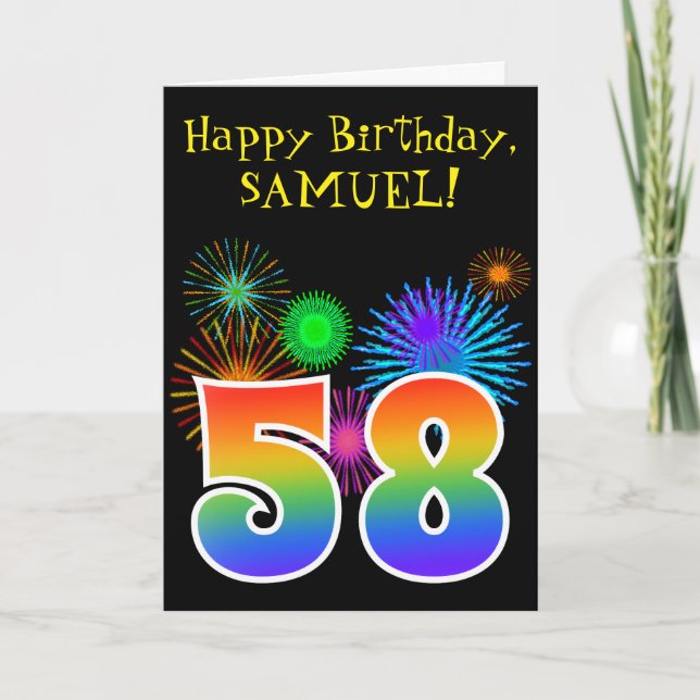 Carte Fun Fireworks + Rainbow Motif "58" Anniversaire # (Devant)