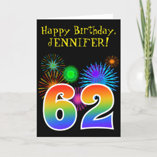 Carte Fun Fireworks + Rainbow Motif "62" Anniversaire #