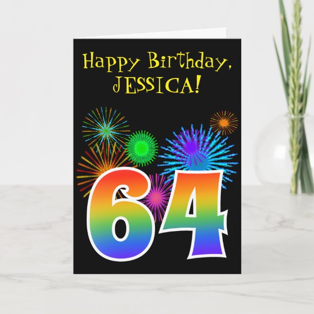 Carte Fun Fireworks + Rainbow Motif "64" Anniversaire # (Devant)