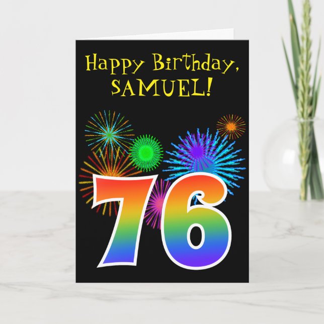 Carte Fun Fireworks + Rainbow Motif "76" Anniversaire # (Devant)