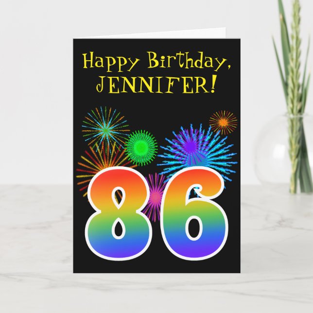 Carte Fun Fireworks + Rainbow Motif "86" Anniversaire # (Devant)