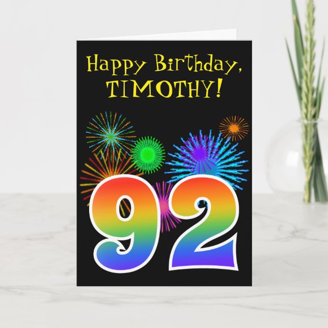 Carte Fun Fireworks + Rainbow Motif "92" Anniversaire # (Devant)