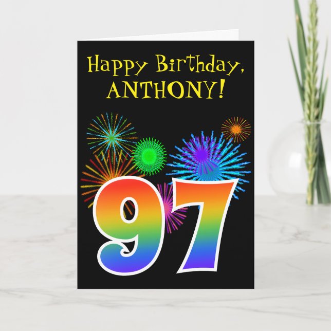 Carte Fun Fireworks + Rainbow Motif "97" Anniversaire # (Devant)
