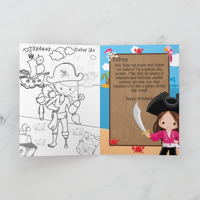 Carte Fun Girls Pirate Capitaine Couleur Moi Joyeux Anni (Intérieur)