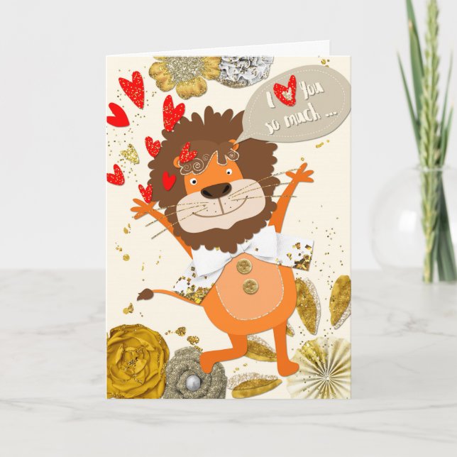 Carte Fun I Love You - Cartoon Lion and Hearts (Devant)