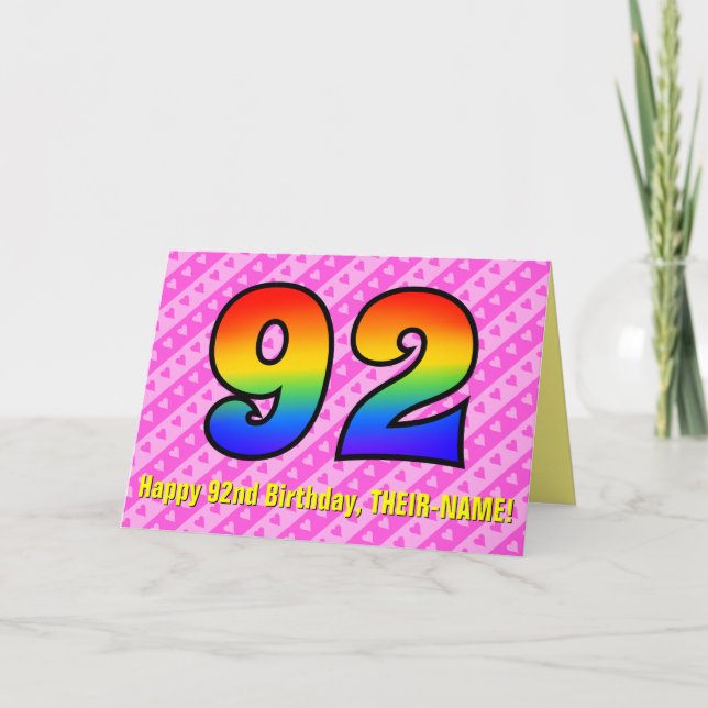 Carte Fun Pink Stripes, Hearts, Rainbow # 92nd Birthday (Devant)