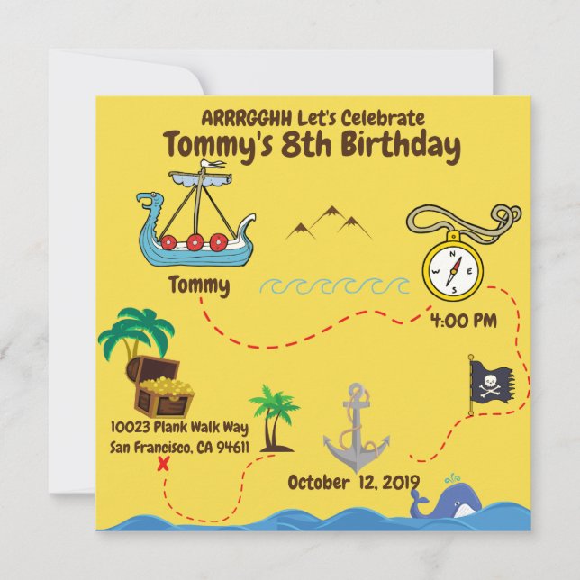 Carte Fun Pirate Party Jaune|Blue Treasure Map (Devant)