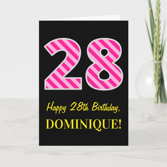 Carte Fun rose rayé "28"; Joyeux 28e anniversaire; Nom (Devant)