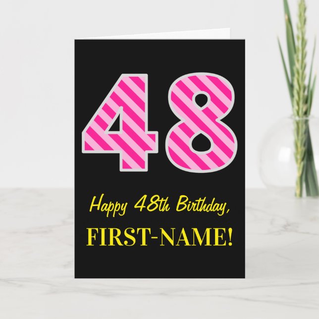 Carte Fun rose rayé "48"; Joyeux 48e anniversaire; Nom (Devant)