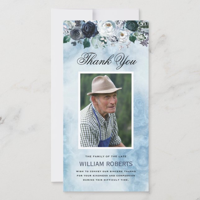 Carte Funérailles bleu floral | Merci photo (Devant)