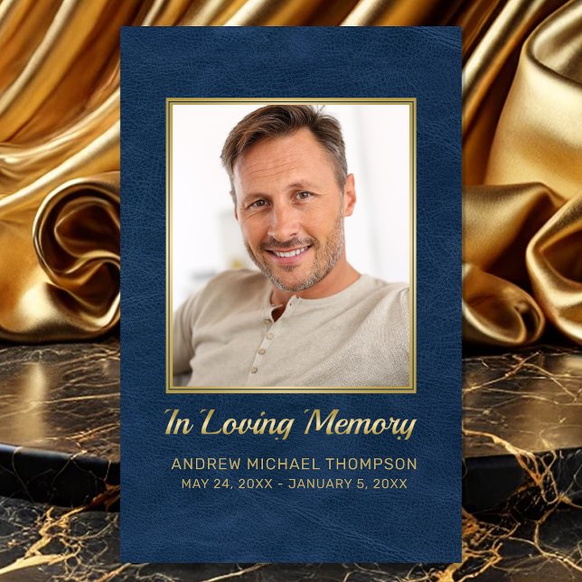Carte funéraire en Mémoire d'amour Bleu Or Photo (Sympathy Blue Faux Leather In Loving Memory Funeral Card with Custom Poem or Prayer)