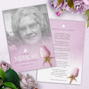Carte Funeral purple rose photo remembrance poem