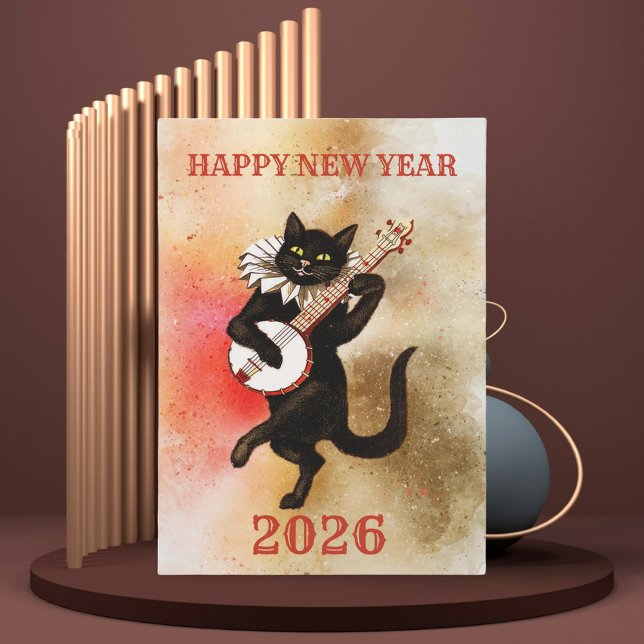 Carte Funny and vintage happy new year holiday card (Happy new year vintage Card- Funny black cat playing music )