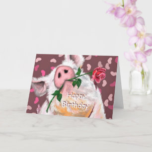 Carte Funny Birthday Card Gentleman Pig avec Rose