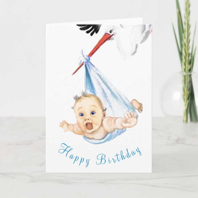Carte Funny Birthday Card Stork portant bébé (Devant)