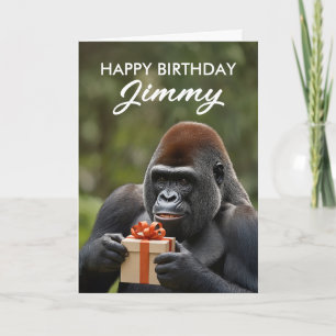 Carte Funny Black Gorilla tenant un cadeau Anniversaire