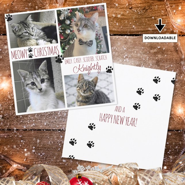 Carte Funny Cat 4 Photo Paw Prints MEOWY CHRISTMAS Card (Créateur téléchargé)