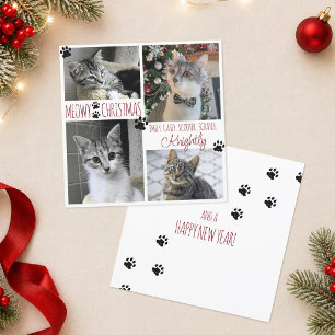 Carte Funny Cat 4 Photo Paw Prints MEOWY CHRISTMAS Card