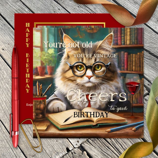 Carte Funny Cat Red Wine Books Anniversaire (Funny cat birthday card featuring a cute cat with glasses ( :-) ), red wine and lots of books)
